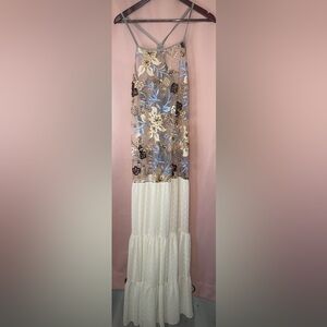 MADE IN GREECE Embroidered Floral Maxi Dress in Blue and Cream